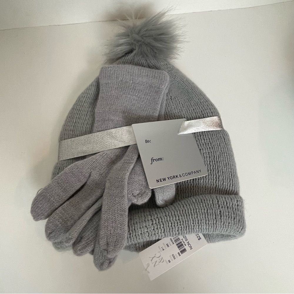 New York & Company Light Gray Knit Cap and Glove Gift Set